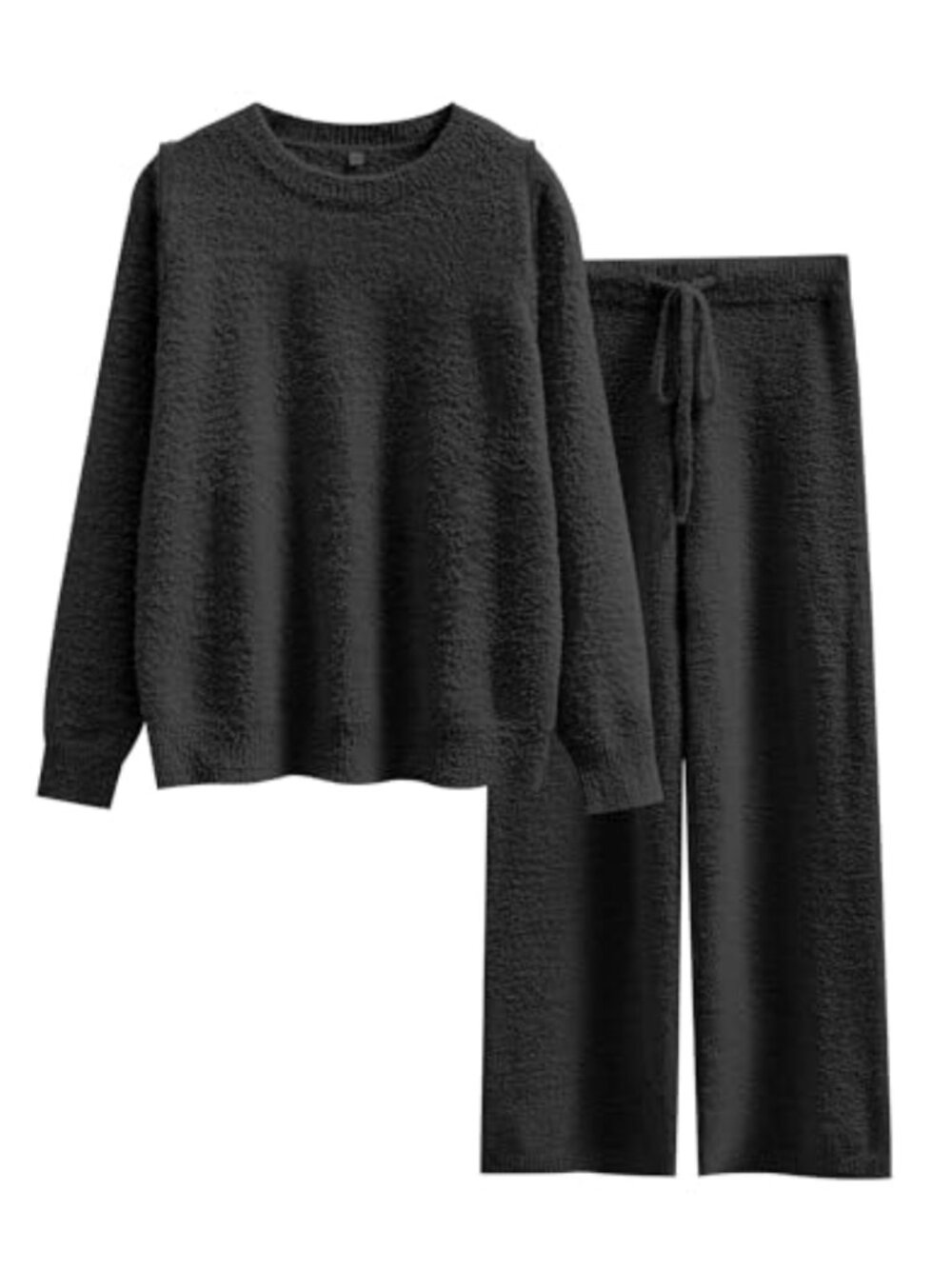 Fuzzy Fleece 2 Piece Pajama Set Long Sleeve Top Wide Leg Pants Loungewear